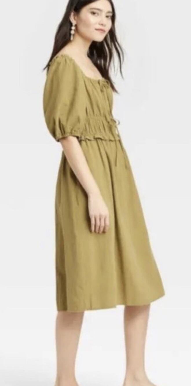 Universal Thread Olive Green Puff Sleeve Smocked Midi Dress Cottagecore Size M